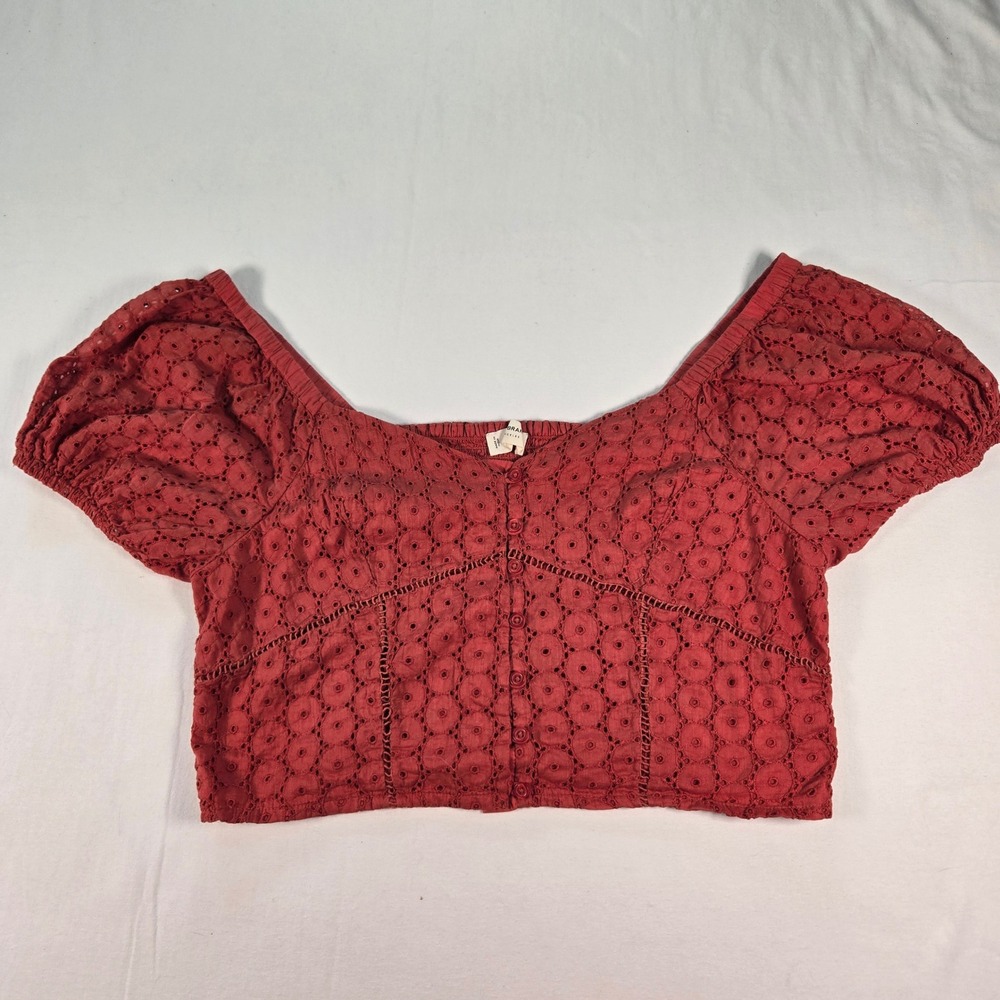 Lucky Brand Eyelet Crop Top Y2K‎ Puff Sleeve Blouse Button Front Red Size L